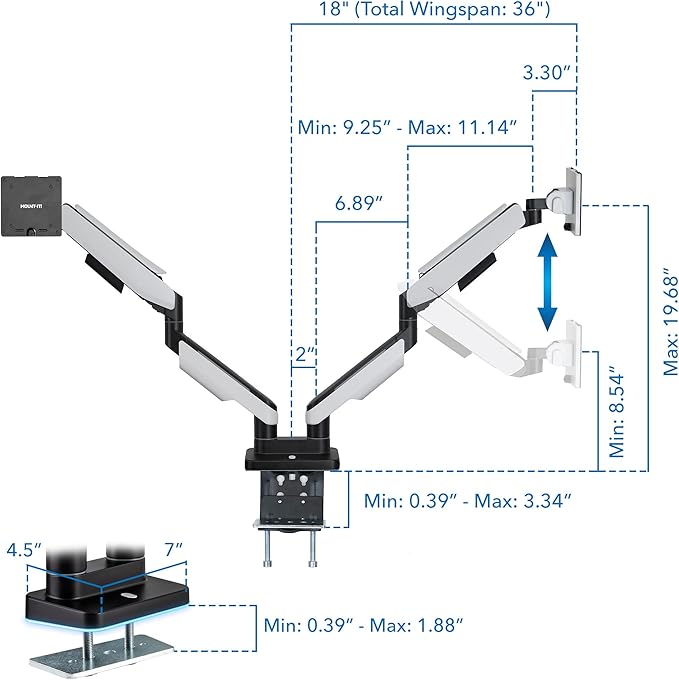Mount-It! Heavy Duty Dual Monitor Arm up to 35 in. 44 lbs Screens, RGB Lights, 75x75 100x100 VESA Desk Mount for 2 Widescreen Curved Monitors 27 32 34 35 inches, Gas Spring, Clamp, Grommet, RGB Lights