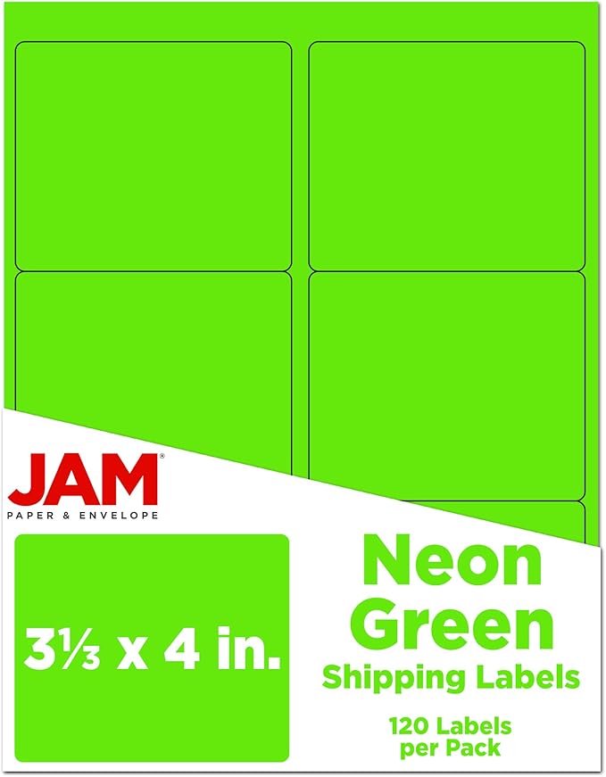 JAM PAPER Shipping Address Labels - Large - 3 1/3 x 4 - Neon Fluorescent Green - 120/Pack