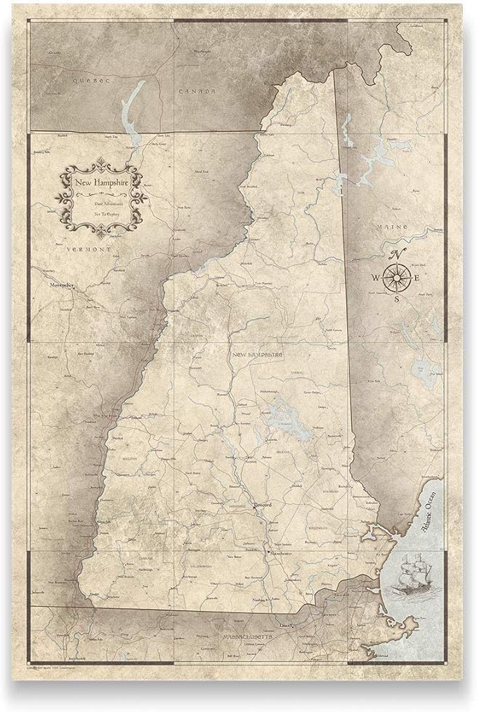 Push Pin New Hampshire Map Board - With Push Pins to Mark New Hampshire Travels - Handmade in Ohio, USA - Design: Rustic Vintage