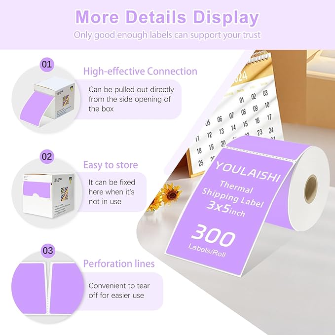 YOULAISHI 3 X 5 Inch Printable Waterproof Rectangle Color Coding Labels, 300 Per Roll Adhesive Color Coding Stickers for Bar-Codes, Address, Small Business Labeling, Inventory (Light Purple)