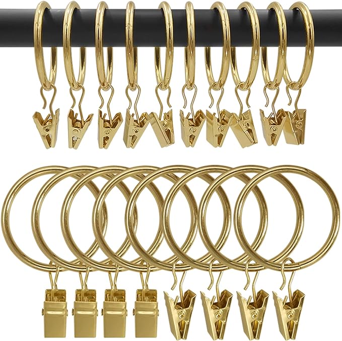 AMZSEVEN 100 Pack Metal Curtain Rings with Clips, Drapery Clips Hooks, Decorative Curtain Rod Clips 1.5 in Interior Diameter, Gold