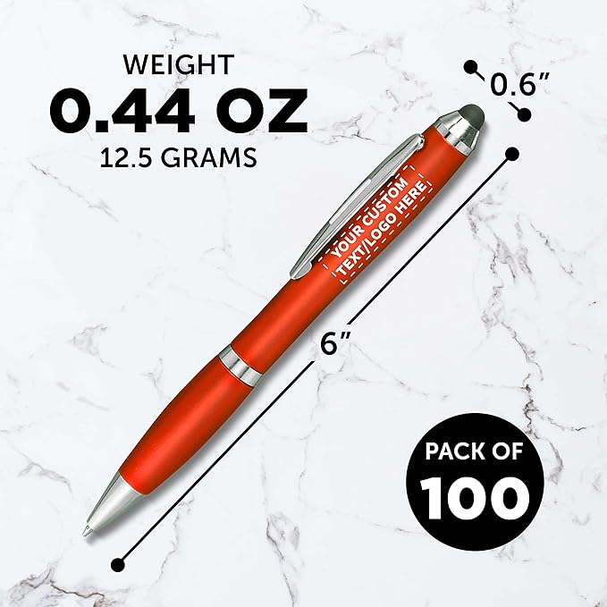 DISCOUNT PROMOS Custom Plastic Stylus Pens Set of 100, Personalized Bulk Pack - Black Ink, Great for Office, School, Business, Tradeshows, Events - Orange