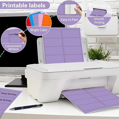 2" x 4" Colored Address Labels, 200 Bright Purple Label Stickers- Laser/Ink Jet Printer Mailing Labels, 8.5"x11" 20 per Sheet