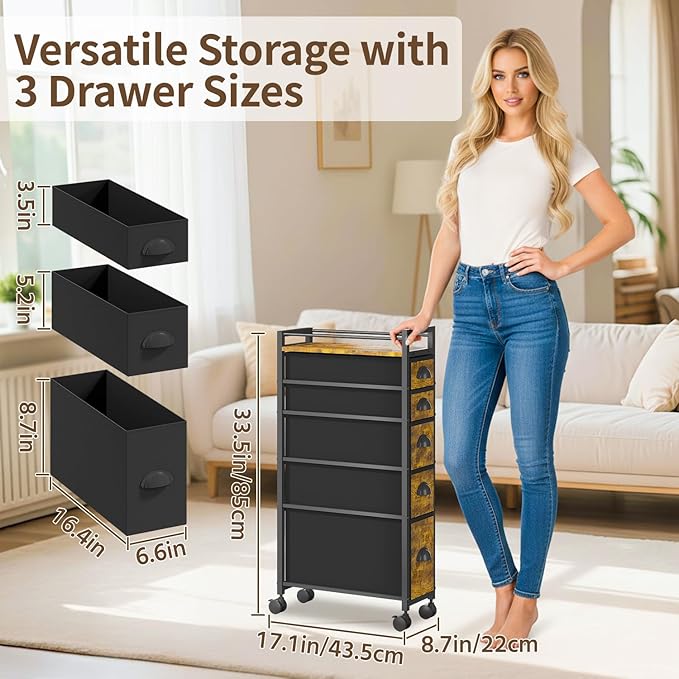 LASZOLA 5 Drawer Narrow Dresser Slim Cabinet Skinny Storage Tower Chest, Ideal for Small Spaces Bathroom Bedroom, Between Washer and Dryer, Lightweight Mobile on Wheels, Sturdy Fabric Drawers, Brown