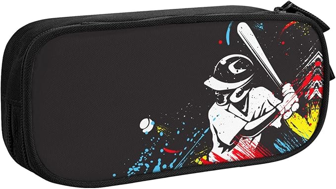 Baseball Themed Pencil Box Black Pencil Case for Sports Kids Boys Men, Big Capacity Canvas Storage Pouch Marker Pen Bag Stationery Organization Bag, Portable Travel Storage Box Desk Office Organizer