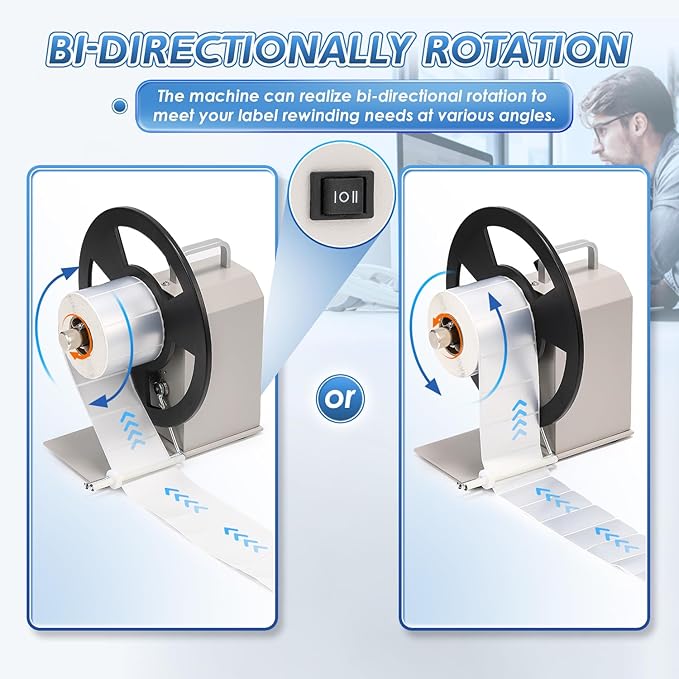 Automatic Label Rewinder, Speed-Adjustable Sticker Rewinder, Bidirectional Label Rewinding Machine, Synchronized with Printer, 1"/1.5"/3" Core Holder, Width 3.54"