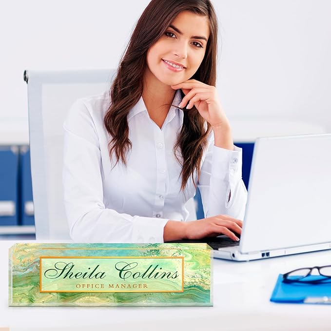 Custom Name Plate for Desk, Employee Appreciation Gifts, Acrylic Desk Name Plate Personalized, Office Decor, Funny Office Gifts for Coworkers Boss Teacher (Green Fields)