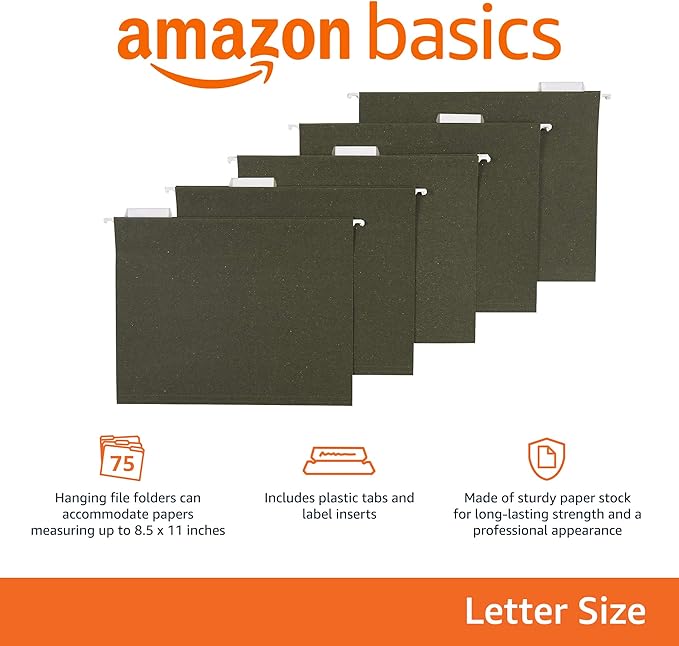 Amazon Basics Hanging File Folders, Letter Size, 1/5-Cut Tabs, 75 Count per Box, Standard Green