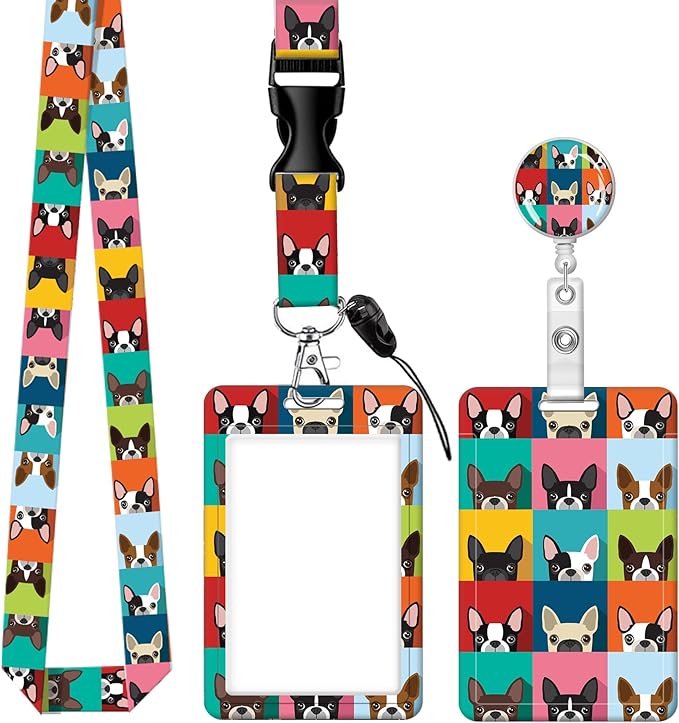 BLOCIT ID Badge Holder with Lanyard - Fashionable ID Card Holders with Retractable Lanyards - Soft Fiber Metal Clip Sturdy Buckle for Key Wallet - Work Nurse Teacher (Cute Fun Boston Terrier Dog)