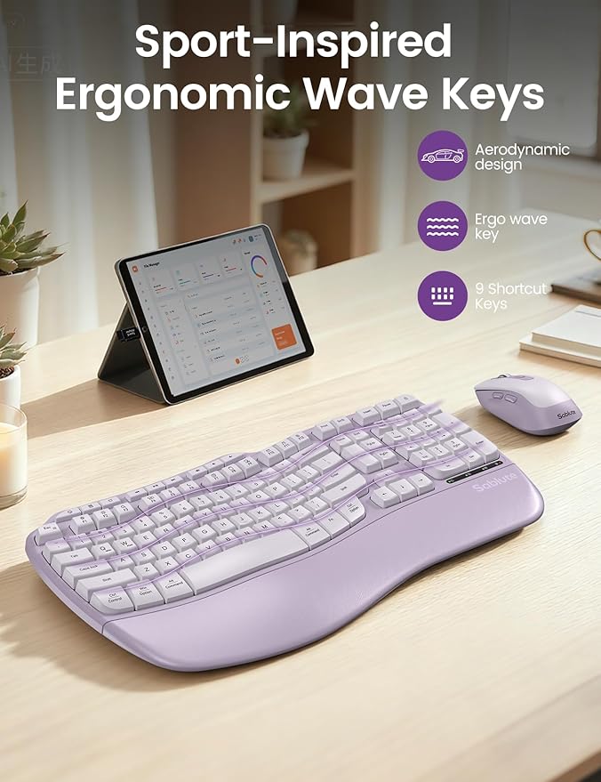 Purple Ergonomic Wireless Keyboard and Mouse Combo, Sablute 2.4G Full Size Ergo Wave Key Board with Cushioned Plam Rest, Natural Typing, 3 DPI Adjustable Silent Mouse for Computer/Laptop/Windows/Mac