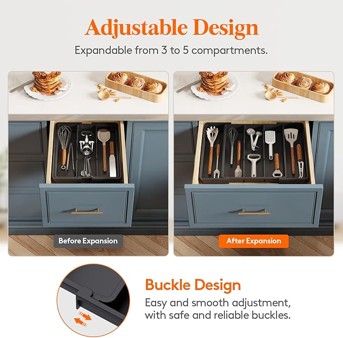 Lifewit Utensil Organizer for Kitchen Drawers, Expandable Cooking Utensil Tray, Adjustable Cutlery Silverware Flatware Holder, Plastic Spatula Tools and Gadgets Storage Divider, Black, 11"-18" x 14"