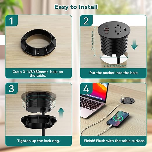 QBA Recessed Power Grommet with HDMI Port, 35W USB C Fast Charing, 3-inch Desk Power Outlet, 2 Outlets, 4 USB Ports, Flush Mount for Furniture Cabinet Home Office, ETL Listed