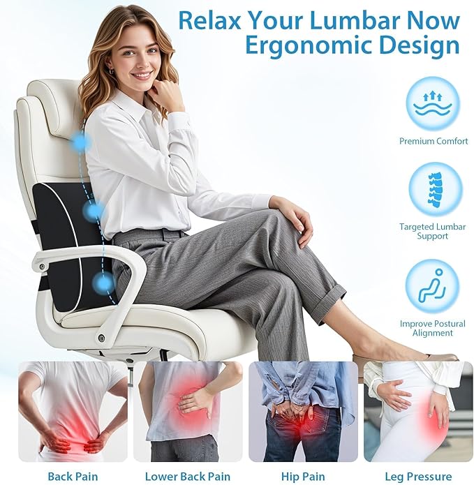 Lumbar Support Pillow for Office Chair & Car Seat, Ergonomic Memory Foam Back Support for Lower Back Pain Relief, Double Adjustable Straps, Breathable Washable Cover, Black