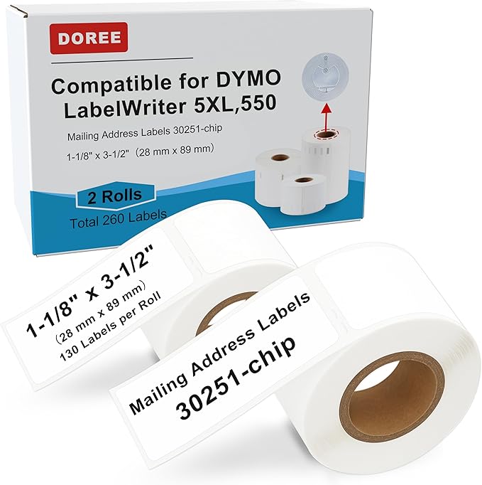 DOREE 2-Roll 1-1/8" x 3-1/2" Mailing Address Labels 30251 with chip,Compatible with LabelWriter 550 5XL 450 4XL Label Printers.(30251-chip LabelWriter Address Labels,White, 2-Rolls Total 260)