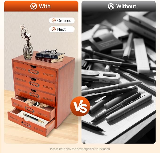 Stackable Wooden Desk Organizer with 5 Drawers Retro Brown Modular Storage Boxes for Home Office, Makeup, Stationery - No Assembly Required