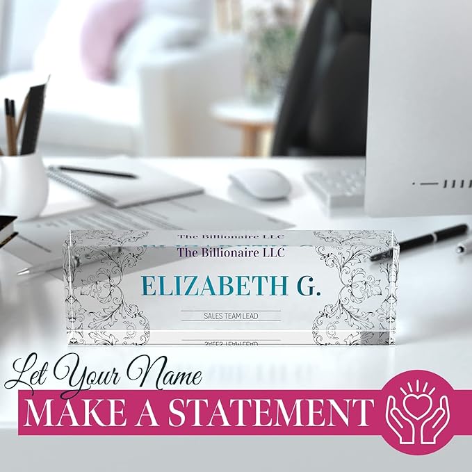 Desk Name Plate Personalized, Custom Name Plates 2½/x8 Inches, Thick Crystal-Clear Acrylic, Gift Box, Office Desk Decor. USA Made by ACRYLUXE (Belvedere)