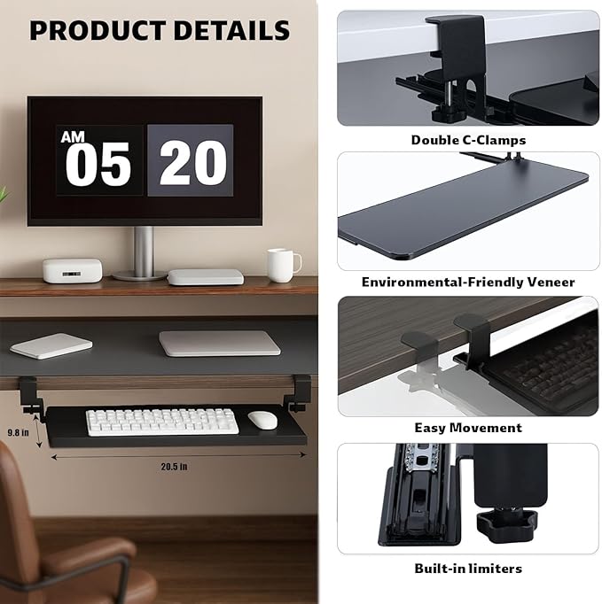 Large Keyboard Tray That Slides Out from Under The Desk, Pull Out with Adjustable C-clamp, 25.6 (31.5 Including Clamps) x 9.8 Inch Computer Keyboard Drawer Mouse Tray for Typing, Black