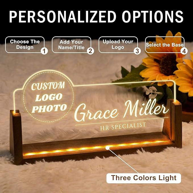 Desk Name Plate Personalized, Office Name Plate for Desk, Desk Decorations for Women Men Office - Light Up Name plate, Employee Appreciation Gifts for Coworkers
