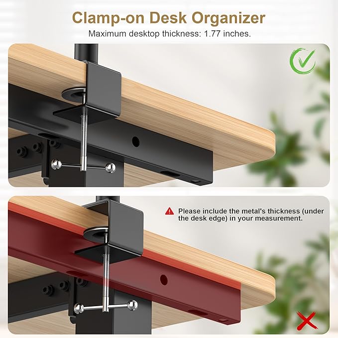 3-Tier Clamp On Desk Shelf, Adjustable 360° Rotatable Above or Under Desk Storage Shelves Holds 33 lbs, Heavy Duty Desktop Organizer with Pegboard Accessories ＆ 3 Hook for Home Office Dorm