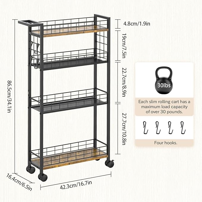 LASZOLA Slim Storage Cart with Wheels, 4 Tier Mobile Narrow Shelving Unit Organizer Utility Cart with Handle, Skinny Rolling Trolley for Small Space Kitchen Bathroom Laundry, Black and Rustic Brown