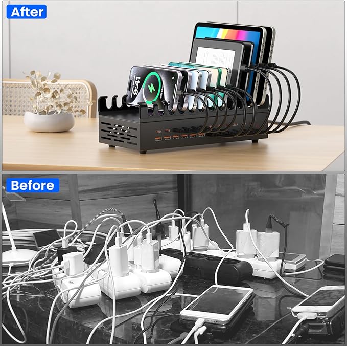 300W USB Charging Station for Multiple Devices, 24 Port USB C Fast Charging Station, Multi Device Charger Station Organizer Compatible with Tablet, Laptop, Cellphone, iPhone, iPad and More