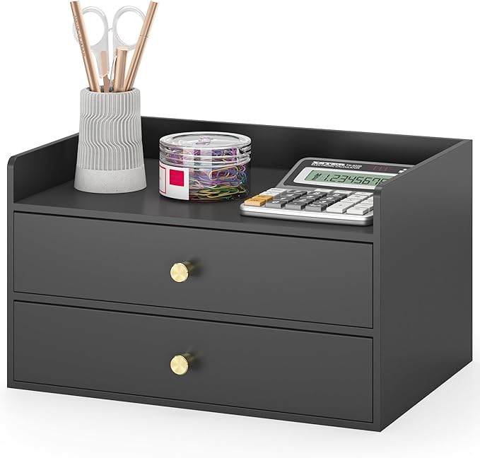 Bamboo Desk Organizer with Drawers Wooden Desktop Storage Organization Box for Bills Office Supplies Kitchen Utensils Organizing Tool for Home Classroom Vanity, No Assembly Required (2 Drawers, Black)