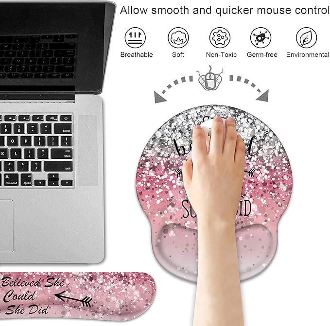 Keyboard Wrist Rest and Mouse Pad Wrist Support Set with Coasters, She Believed She Could So She Did Inspirational Quote Wrist Mouse Pad with Non-Slip PU Base for Computer Laptop Home Office