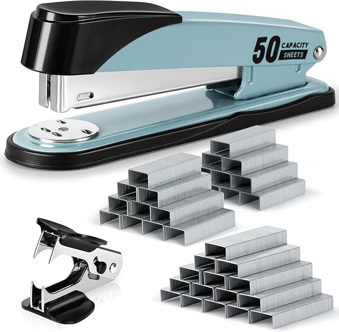 Deli Stapler Heavy Duty, Full Strip Staplers for Desk with 2000 Staples and Staple Remover, 50 Sheet Capacity, No Jam, Non-Slip Office Stapler with Staples for Office, Classroom, Blue