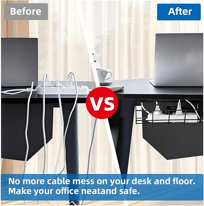 3 Pack Under Desk Cable Management Tray Metal Cord Cable Management Under Desk for Office Studio and Home Easy Install Pre-drilled Wire Organizer