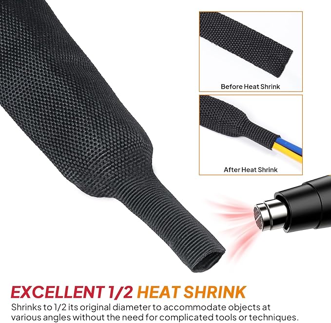 Black 2:1 Ratio Automotive Heat Shrink Braided Sleeving,Wear-Resistant Flat Woven Shrinkable Sleeve Fabric Car Cable Wires Hoses Protection (1/2"-50ft)