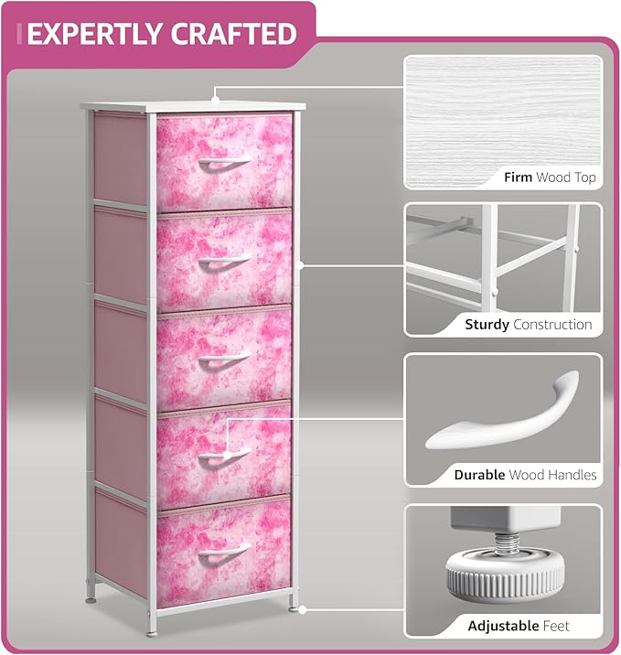 Sorbus Fabric Dresser for Kids Bedroom - Chest of 5 Drawers, Tall Storage Tower, Clothing Organizer, for Closet, for Playroom, for Nursery, Steel Frame, Fabric Bins - Wood Handle (Tie-dye Pink)