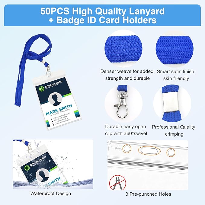 Fushing 50pcs Clear Plastic Vertical Name Tags Badge ID Card Holders and Blue Neck Lanyards with Swivel Hook for School, Festival, Event (XL)