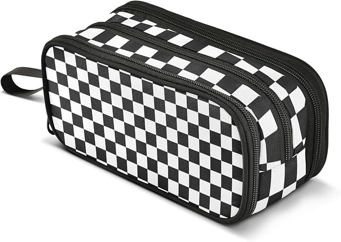 Black White Checkered Pencil Case Box Boys Girls Large Pencil Pouch Zipper Compartments Big Capacity Stationery Pen Bag Organizer for Kids Teens Adults School
