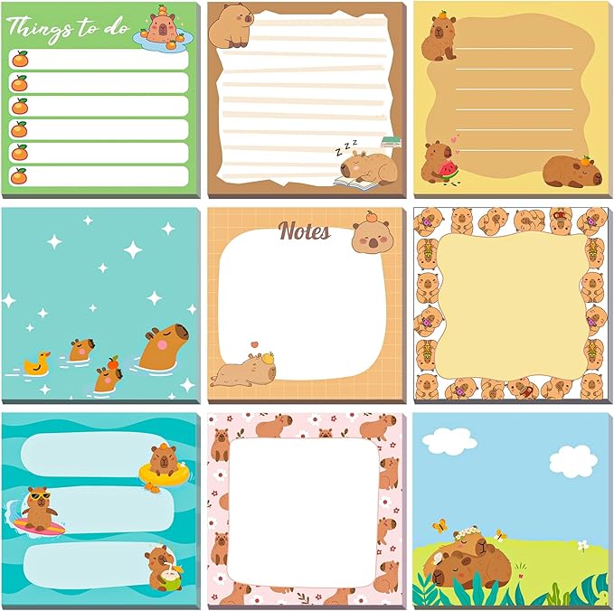 9 Pads Capybara Sticky Notes Cartoon Self Stick Notepads 3x3 Inches Notes Adhesive Memo Pad Office Decor Gifts for Students School Teacher Office Meeting