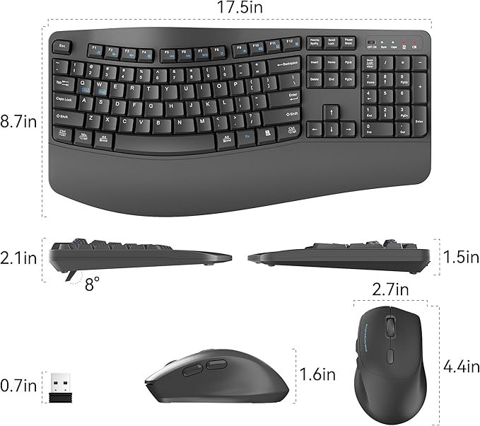 Wireless Keyboard and Mouse Combo,2.4G Full Size Wave Keys Ergonomic Keyboard with Wrist Rest for Natural Typing, 3 DPI Adjustable Ergonomic Silent Mouse for Computer/Laptop/Windows/Mac (Gray)