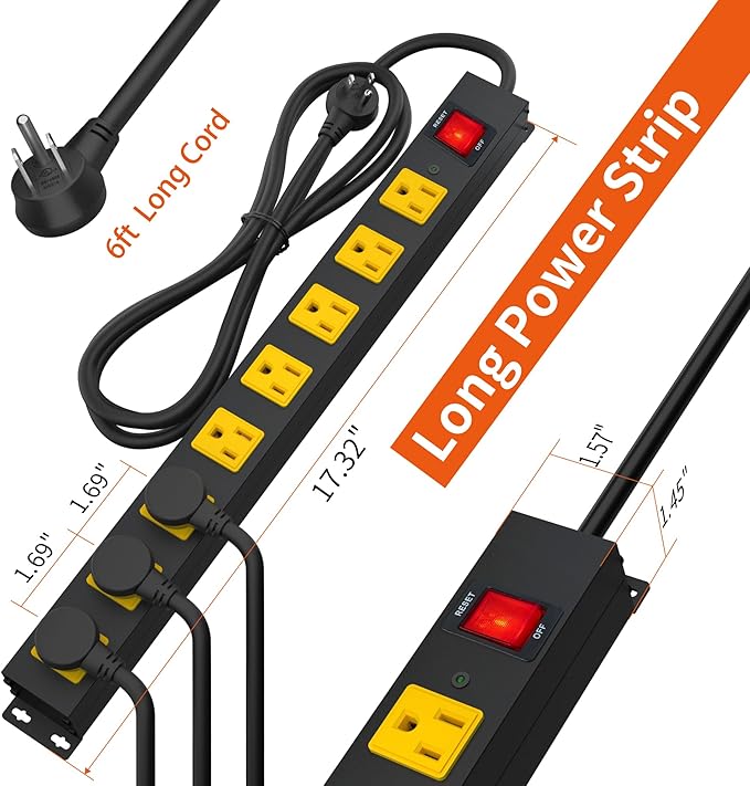 8 Outlet Metal Heavy Duty Long Power Strip, 2100J Surge Protector with 6 FT Extension Cord, Wide Spaced and Wall Mount Powerstrip for Home, Industrial, Workshop & Garage (6FT)