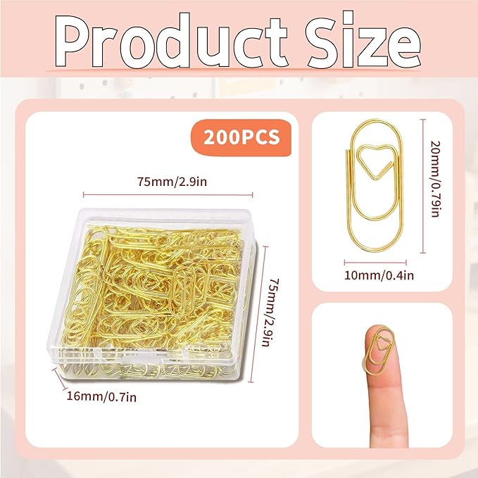 ADULLPONY Small Gold Paper Clips: Love Heart Shaped Paperclips 200 Pcs Mini Metal Cute Paper Clips Holder for Home Office School Desk Organizers Wedding Decorative Supplies