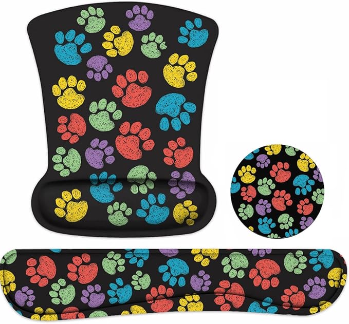 Keyboard Wrist Rest and Mouse Pad Wrist Support Set with Coasters, Non-Slip PU Base Ergonomic Gaming Mousepad for Computer Laptop Home Office Easy Typing & Pain Relief, Colorful Dog Paw Print
