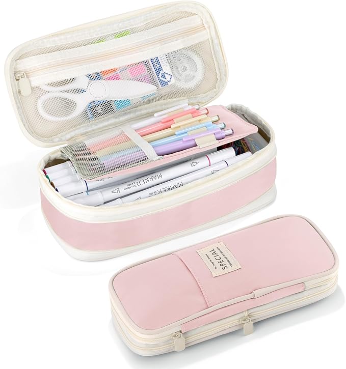 Large Capacity Pencil Case with Zipper, Aesthetic Pencil Pouch, Portable Stationery Organizer Bag for Teen and Adults, Big Pencil Bag for College, Office, Travel - Pink
