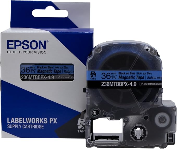 Epson LABELWORKS 236MTBBPX-4.9 Genuine Magnetic Tape Cartridge - Black on Blue Magnet Label Maker Tape - 1.5" (36MM) Wide, 4.9 ft, Blue