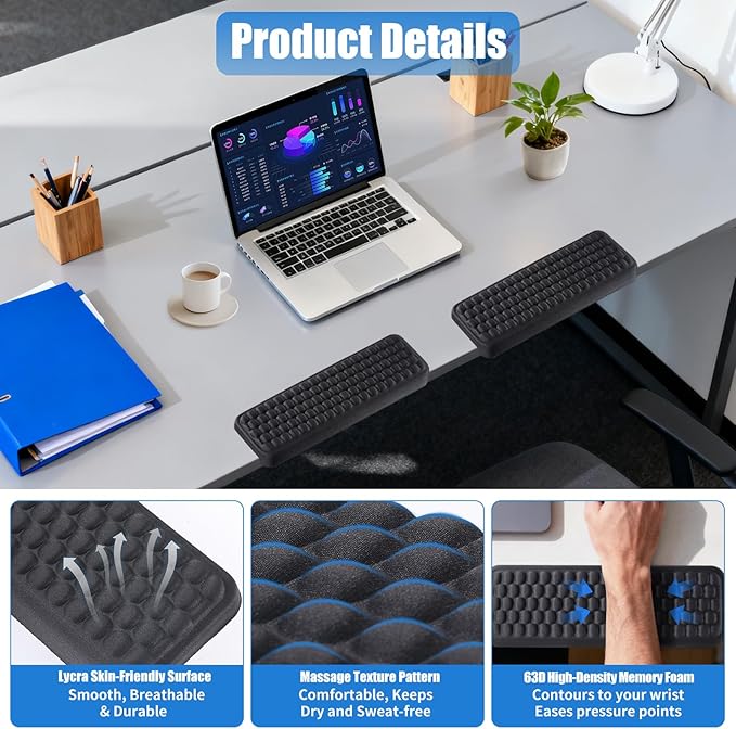 L-Shaped Elbow Pad for Desk, Memory Foam, Ergonomic Wrist Rest for Keyboard with Non-Slip Base, Massage Texture Pattern, Arm Rest for Desk, Office Gaming Home (2PCS, Black