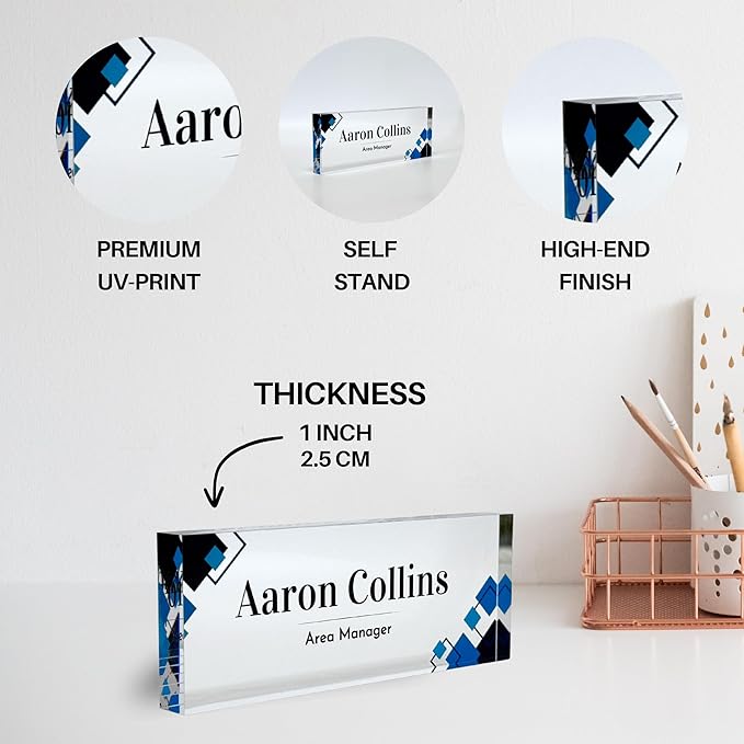Customized Clear Acrylic Thick 8x3" Desk Name Plate Block with Personalized Logo - Professional Office Decor - Customized Acrylic Plate Gift for Teacher Co-workers, Christmas Gifts for Her, Thanksgiving Gifts (Elegant Squares)