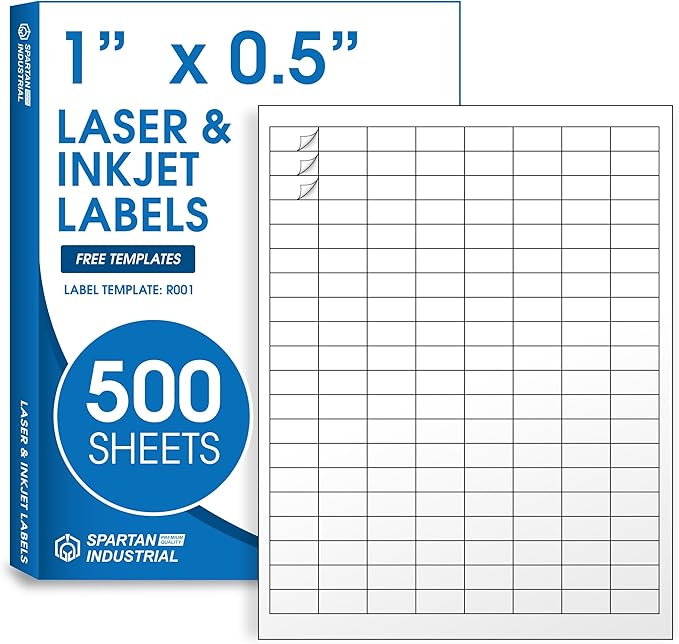 1" X 0.5" Matte White Printable Labels for Inkjet and Laser Printers - 500 Sheets, 80000 Custom Stickers for Address Labels, Price Tags, Barcodes, Inventory - Spartan Industrial Template R001