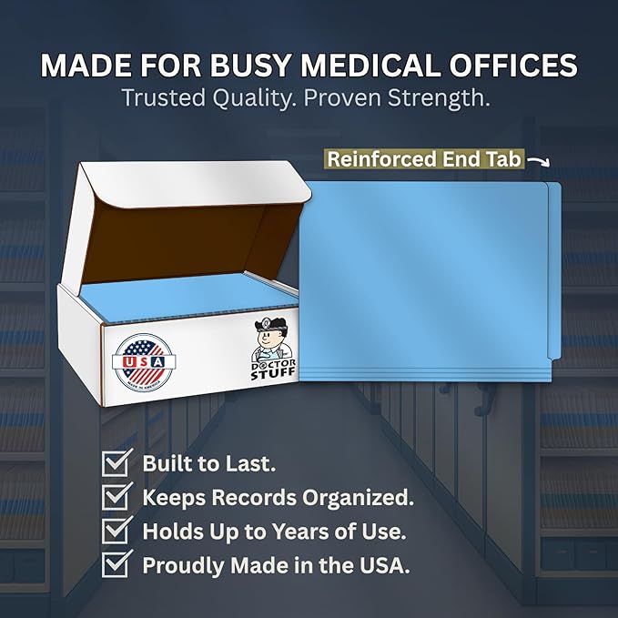 Blue File Folders, USA Made, Doctor Stuff, One 2" Bonded Fastener Top Right Position 1, Durable 11pt, Reinforced End Tab File Folders with Prong, Medical Charts/Patient Chart, 50/Box