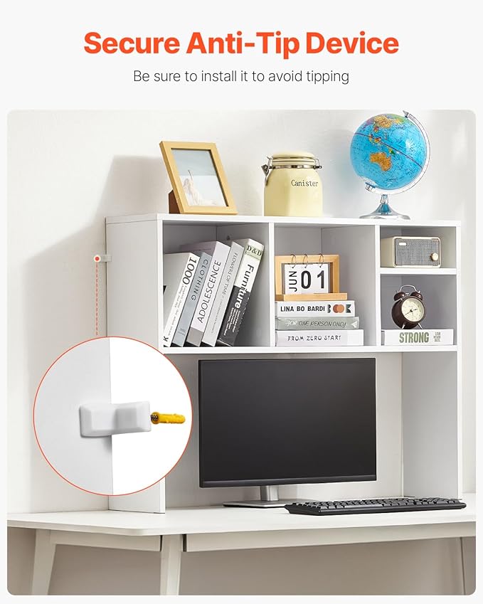 VEVOR Desktop Bookshelf, Storage Organizer with 5 Shelves for Computer Desk, Wooden Shelf Desk Hutch with Anti-Slip Feet Pads, Desk Top Display Rack for Office, Home & Dorm, White