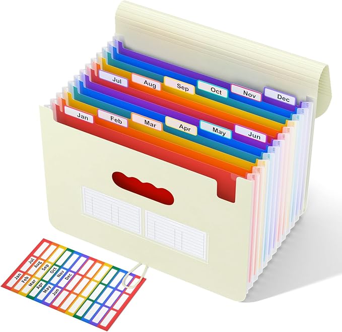 ABC life 12-Pocket Expandable Accordion File Organizer for Monthly Bills & Receipts - Portable A4/Letter Size Document Holder with Colored Tabs - Ideal for Home, Office & Travel Folder- Beige Color
