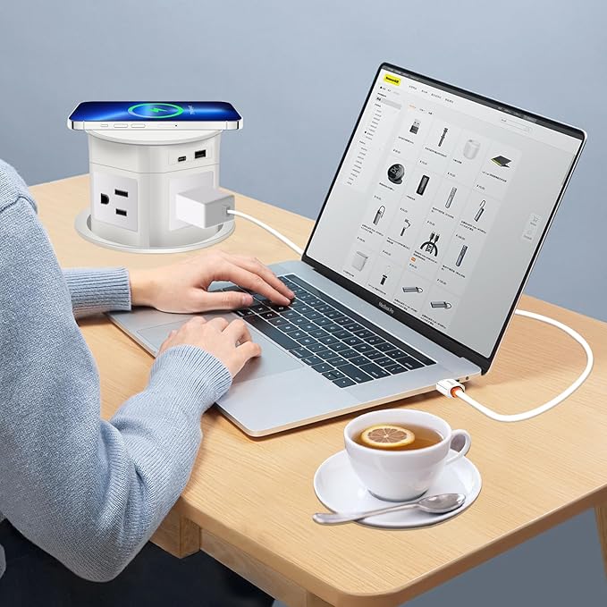Pop Up Outlet 15W Wireless Charger,with 4 Outlets 1875W USB-C PD20W Super Charging 6.5FT 16AWG Cable 3.86 inch Desk Hole Pop Up Power Outlet for Kitchen Countertop,Office Conference Table (White)