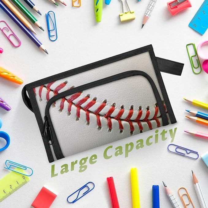 Large Capacity Pencil Case Pouch, Baseball Laces Portable Zipper Pencil Cases Pencil Bag Office Stationery Bag Makeup Bag Desk Organizer for Women Men