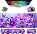 Ergonomic Keyboard Wrist Rest & Mouse Pad Wrist Rest Set, Large XXL Gaming Desk Mat 31.5"x 11.8", Non-Slip Base, Memory Foam, Easy Typing Pain Relief for Office & Home, Purple Flowers and Butterfly