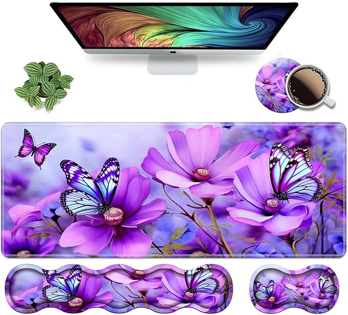 Ergonomic Keyboard Wrist Rest & Mouse Pad Wrist Rest Set, Large XXL Gaming Desk Mat 31.5"x 11.8", Non-Slip Base, Memory Foam, Easy Typing Pain Relief for Office & Home, Purple Flowers and Butterfly